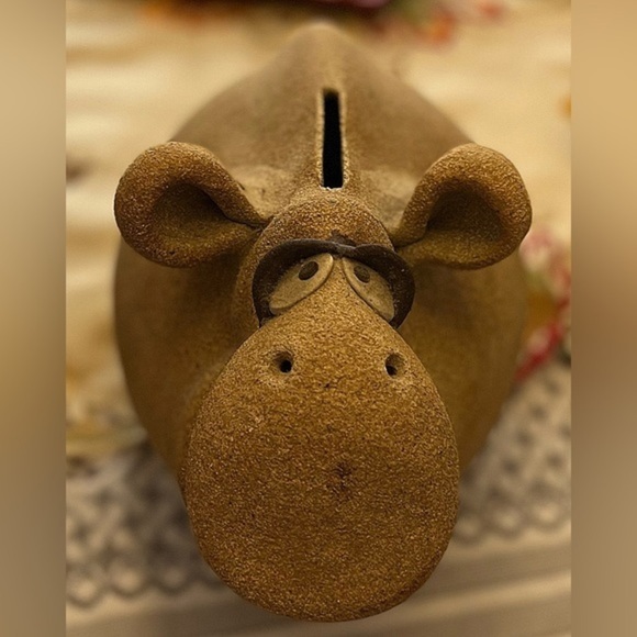 Rare Vintage 70s Harting Studio California Pottery Unglazed Stoneware Hippo Bank